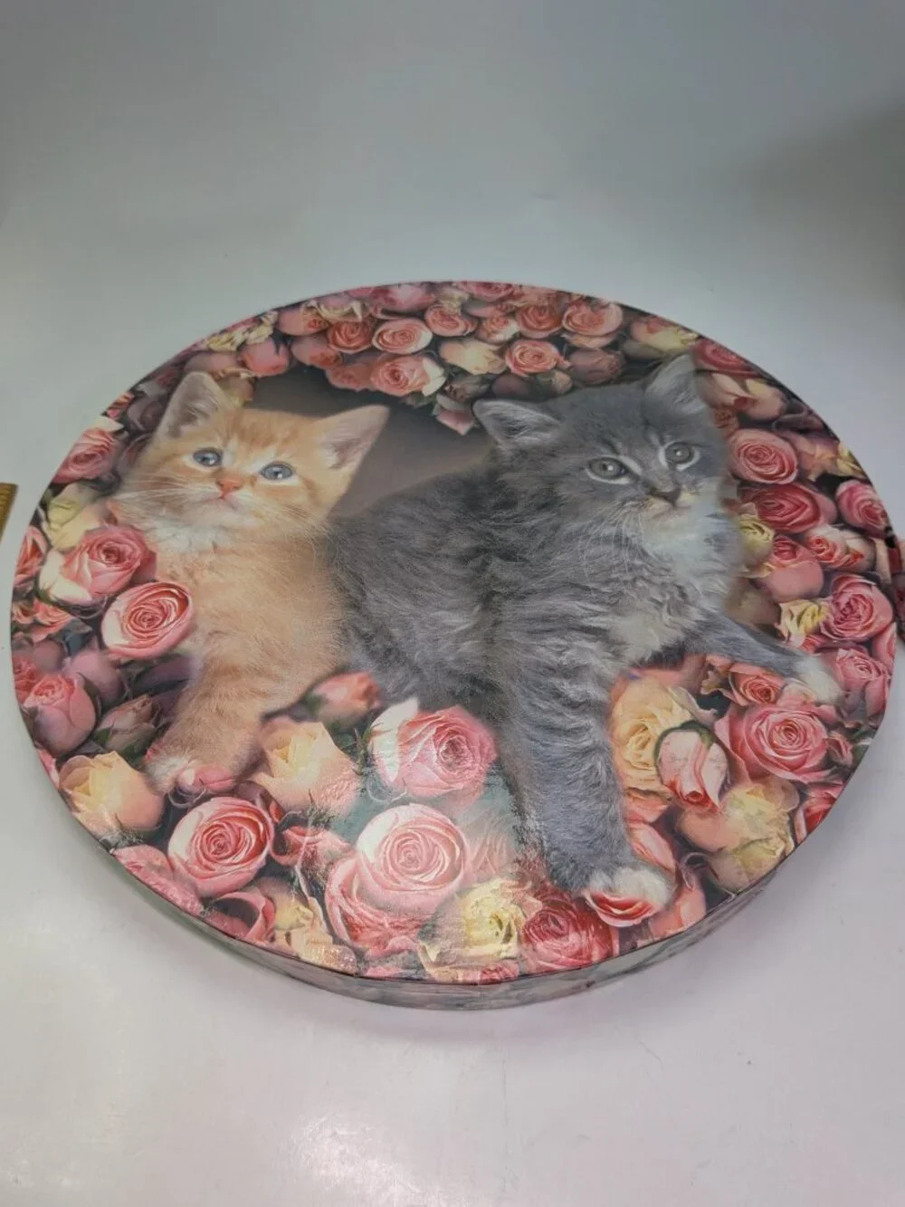Vintage Large Round Kitten & Pink Roses Cardboard Hat Box Storage 12